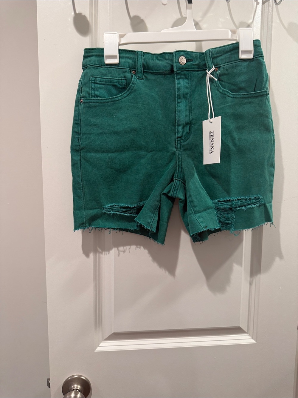 Zenana Outfitters Teal Green Distressed High-Rise Denim Shorts medium NWT
